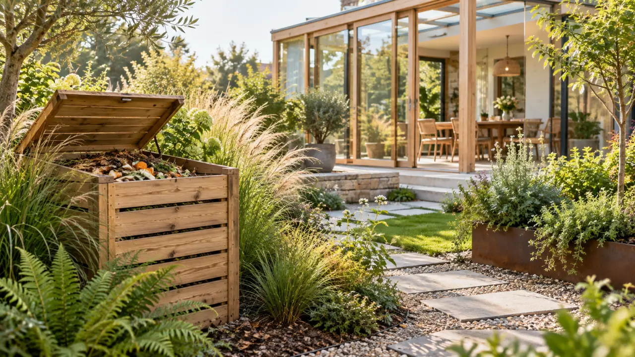Coin compost discret et élégant aménagé dans un jardin